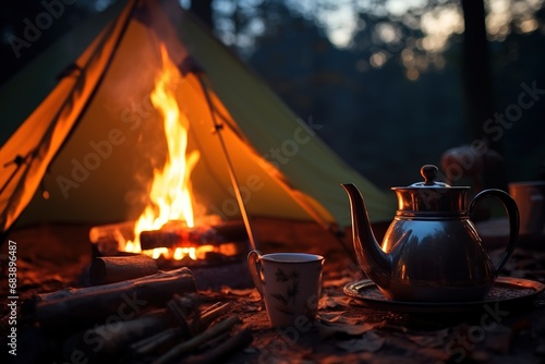 Camping in the woods, a kettle and a cup of tea