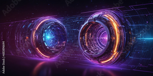Data science banner, concept of data and information operations, analysis system and processings, Large hadron collider, neon dark ultraviolet background, space, spaceship, time travel, engine, future photo