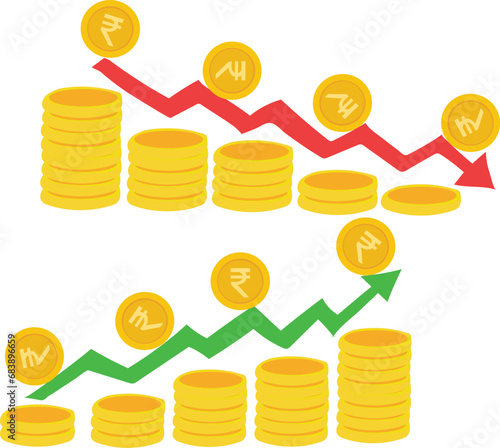 set of coins with yen euro rupee dollar sign
yen euro rupee dollar Exchange Rate Weakening And Strengthening With Red Green Graphic Arrows 
