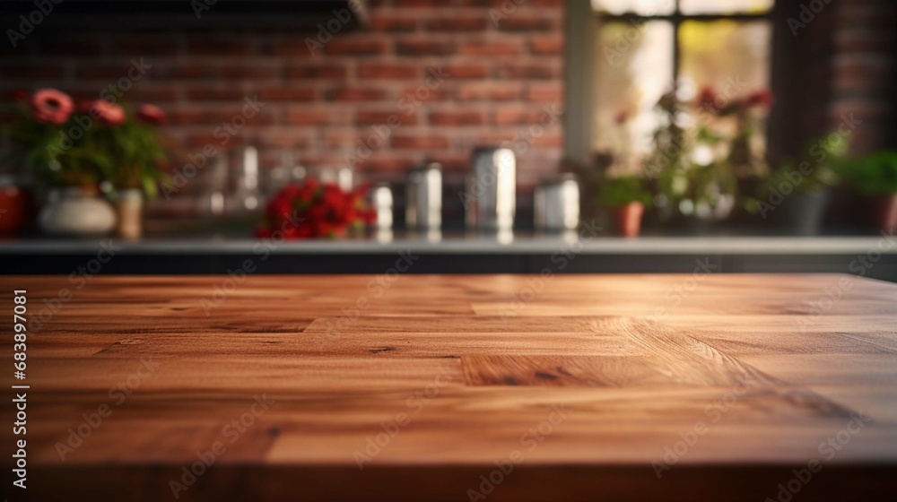 Wooden top on background of modern kitchen with window and shelves. create using a generative ai tool 