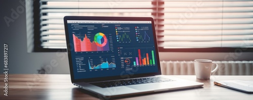 Business intelligence, BI power software visualize company data dashboard display on laptop screen for analysis chart and insight. Technology for business strategy. Panorama shot, Generative AI photo