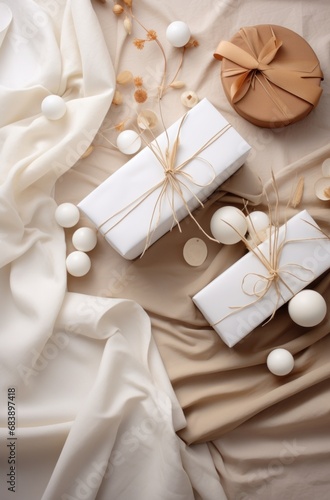 wrapping gifts and decorative elements on a beige background