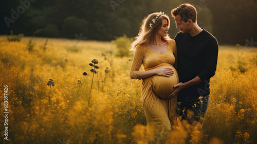 Couple expecting a child posing in a field