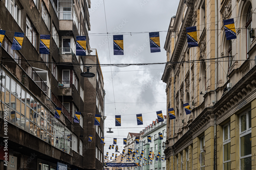 Bosnia and Herzegovina Celebrates Statehood Day with Flags and Wreaths on the Streets of Sarajevo