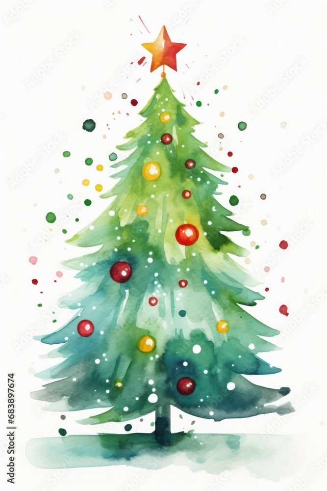 Watercolor painting of a festive Christmas tree on a white background Watercolor painting of a festive Christmas tree on a white background