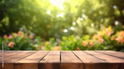 The empty wooden table top with blur background of garden, Generative AI