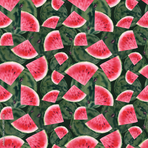 Watermelon. Seamless pattern. Watercolor illustration. Juicy fruits. Baby food. Clipart, printing on fabric.