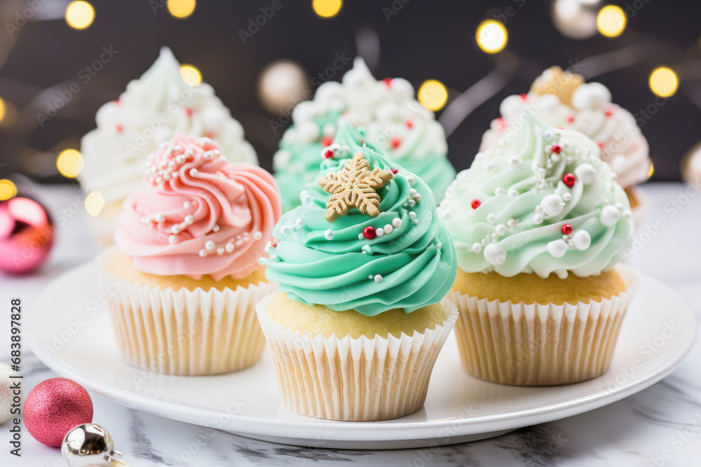 Delicious Christmas festive cupcakes with colorful frosting and beautiful decorations.