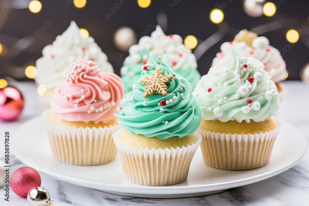 Delicious Christmas festive cupcakes with colorful frosting and beautiful decorations. Delicious Christmas festive cupcakes with colorful frosting and beautiful decorations.