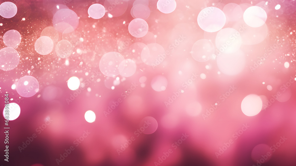 Background wallpaper of abstract pink and gold glitter lights. Circle blurred bokeh. Blurred shiny, glowing festive backdrop for xmas, party, holiday, birthday, invitation. 