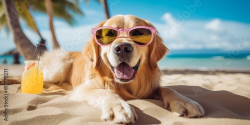 Golden Retriever dog is on summer vacation at seaside resort and relaxing rest on summer beach of Hawaii. Generative AI