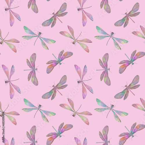 multi-colored dragonflies digitally drawn in watercolor  seamless pattern on a pink background for the design of wrapping paper  wallpaper  textiles