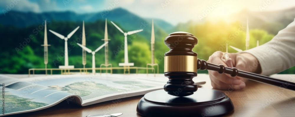 law maker and lawyer making environmental protection and eco-friendly legislation law implement clean and sustainable energy with net zero regulation to save Earth from global, Generative AI - obrazy, fototapety, plakaty 