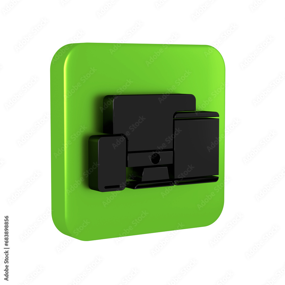 Obraz premium Black Computer monitor, graphic tablet and mobile phone icon isolated on transparent background. Earnings in the Internet, marketing. Green square button.