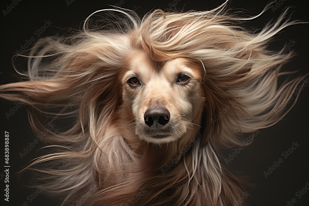 Naklejka premium Stunning Portrait of a Magnificent Dog with Exquisitely Flowing Luxurious Long Fur. Elegant and well groomed hairstyle