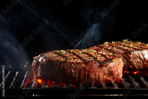Chefs Hands Grilling Juicy Beef Steak on a Black Background - Ideal for Adding Text or Copy Space