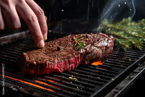 Cooking beef steak on grill pan by chef hands on black background for copy space text