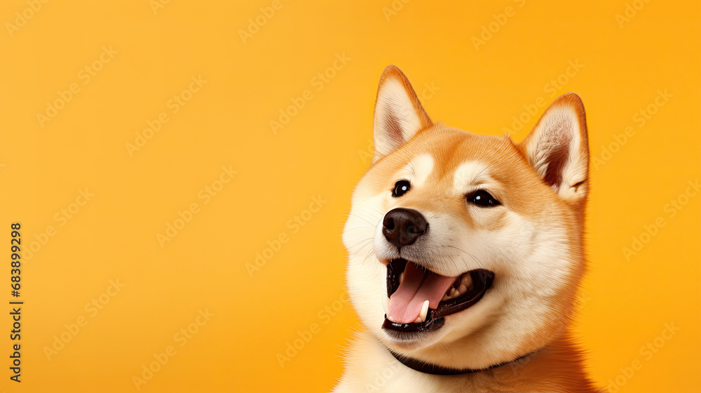 Portrait of an Shiba Inu dog on a yellow background with empty space for product placement or advertising text.