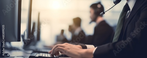 Panorama focus hand holding headset on call center workspace desk with blur background of operator team or telesales representative engaging in providing client with customer service, Generative AI photo