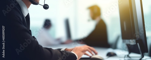 Panorama focus hand holding headset on call center workspace desk with blur background of operator team or telesales representative engaging in providing client with customer service, Generative AI photo