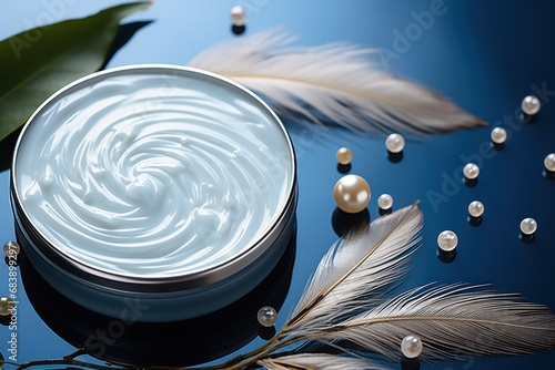 Cosmetic products facecream advertising composition on blue background with pearls and feather photo