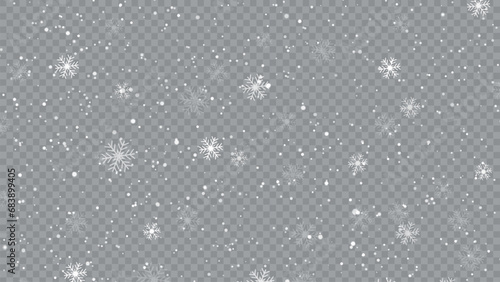 Realistic falling snow with snowflakes and clouds. Winter transparent background for Christmas or New Year card. Stock royalty free vector illustration. PNG
