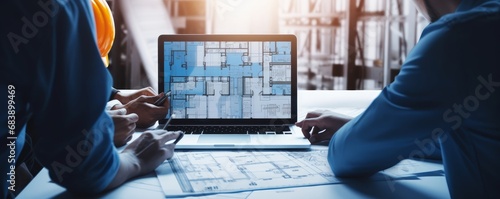 Engineer and architect working together brainstorming and designing blueprint using laptop working with architectural software for precise digital interior or structure design, Generative AI photo