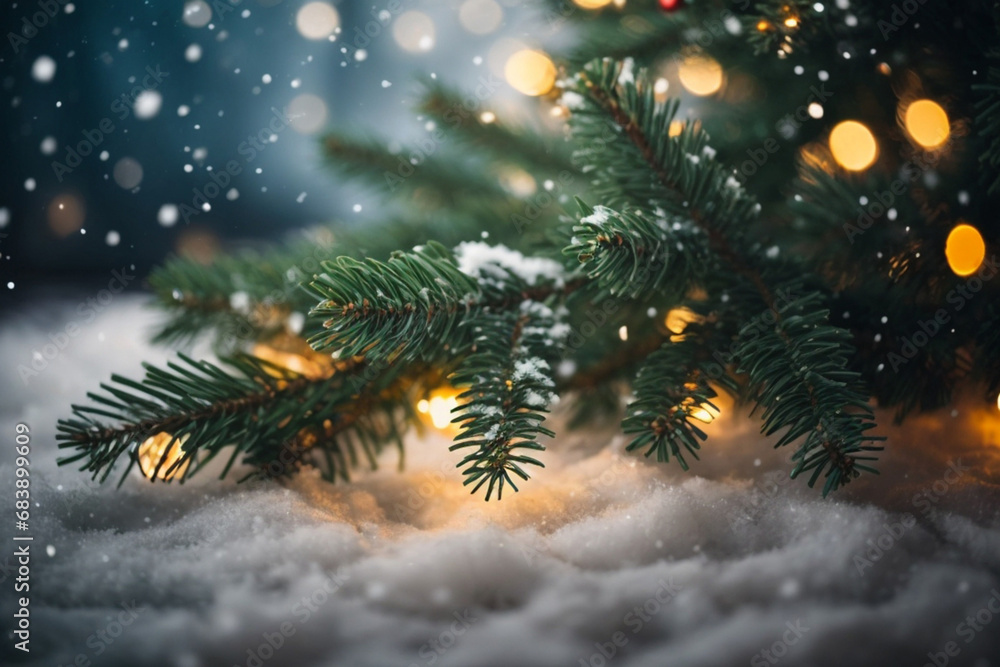 Christmas tree branches covered with snow. Winter background with snowflakes