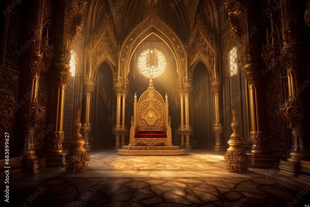 A golden filigree throne room in a medieval castle king sitting on the throne intricate designs the walls and ceiling, Generative AI