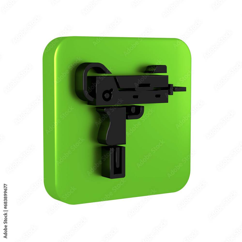 Black UZI submachine gun icon isolated on transparent background. Automatic weapon. Green square button.