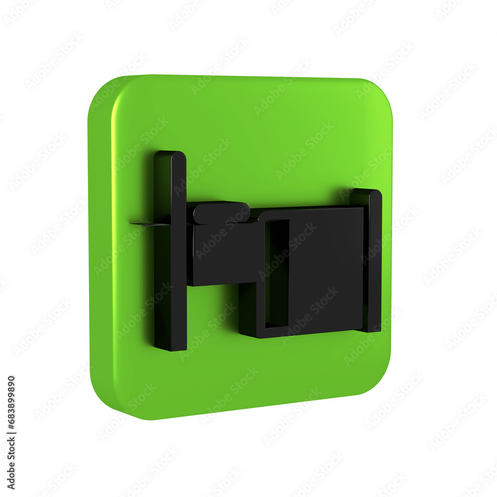 Obraz premium Black Hospital bed icon isolated on transparent background. Green square button.