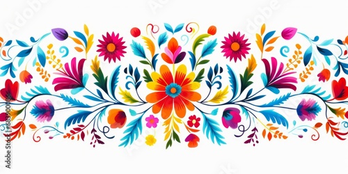 Colorful Mexican floral pattern on a white background, Generative AI