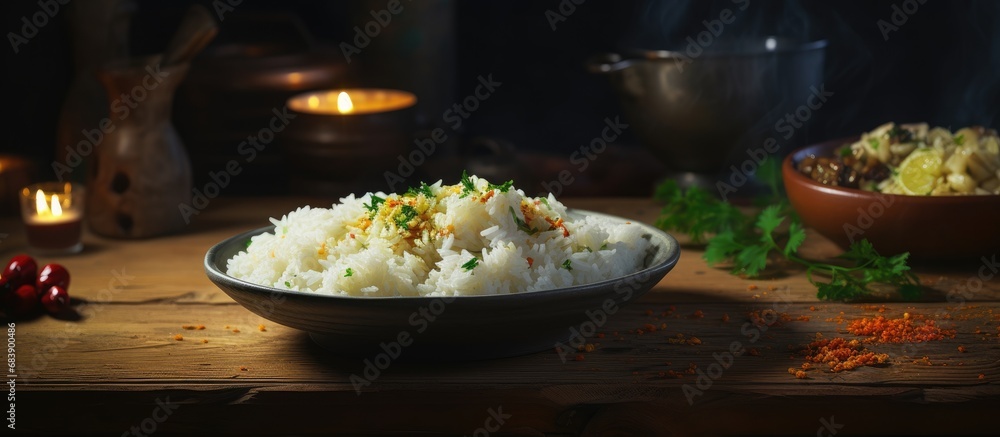 The chef prepared a delicious homemade dish with cooked rice, using their secret recipe that made the food so tasty and satisfying. The chef prepared a delicious homemade dish with cooked rice, using their secret recipe that made the food so tasty and satisfying.