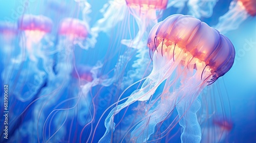 The abstract design showcased the texture and light, reminiscent of the sparkling sea. The blue color morphed into a colorful spectrum, illuminating the transparent bodies of the mesmerizing jellyfish