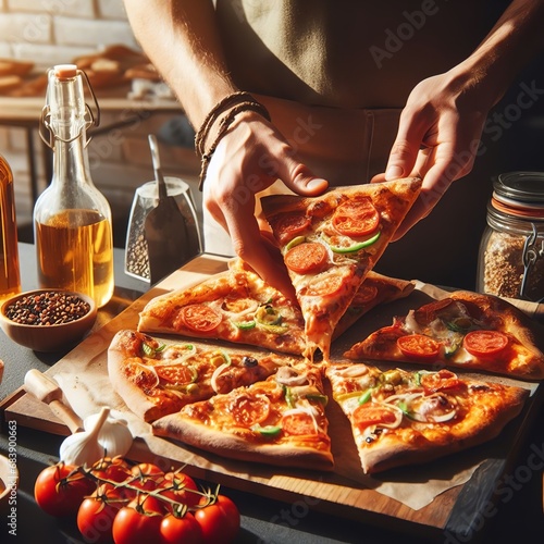 Close up of multiethnic young people gather in pizzeria together have fun sharing tasty Italian food, diverse colleagues or friends take pizza slices enjoy dining out in bar, takeaway delivery service