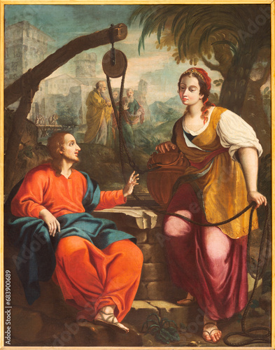 VICENZA, ITALY - NOVEMBER 6, 2023: The painting of Conversation of Jesus with the Samaritain woman in the church Chiesa di San Filippo Neri by unknown artist.  photo