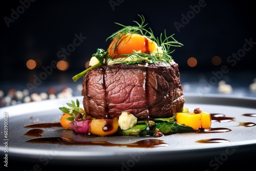 beautiful juicy serving, of the dish beef tenderloi photo