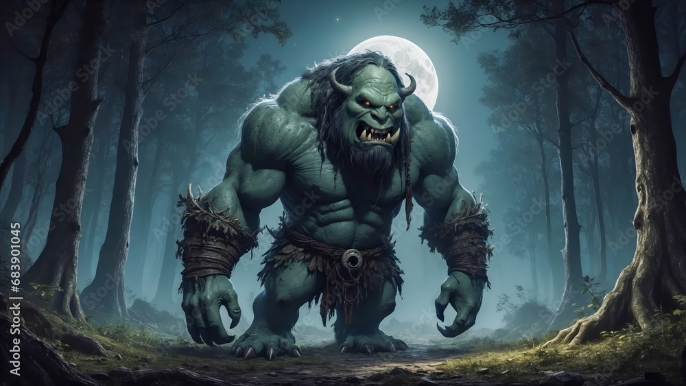 An ogre (feminine: ogress) is a legendary monster depicted as a large, hideous, man-like being that eats ordinary human beings. 4K - 8K - 12K TV. Generative AI. - obrazy, fototapety, plakaty 
