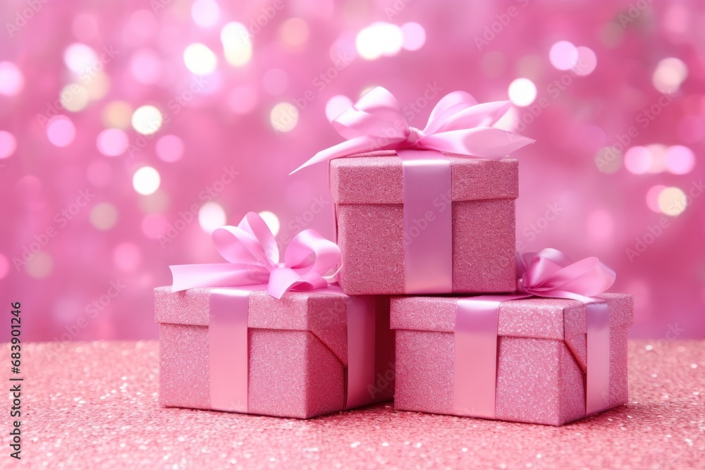 Glitter Pink Gift Boxes With Ribbon on Shiny Pink Background Glitter Pink Gift Boxes With Ribbon on Shiny Pink Background