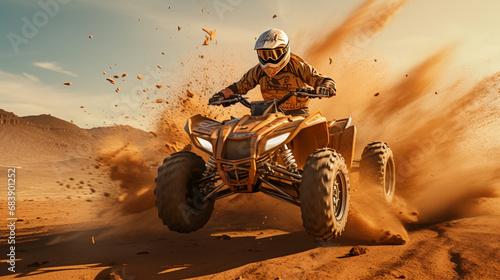 ATV rider ridding and making a turn in the sand. dust cloud, sand quarry on background photo