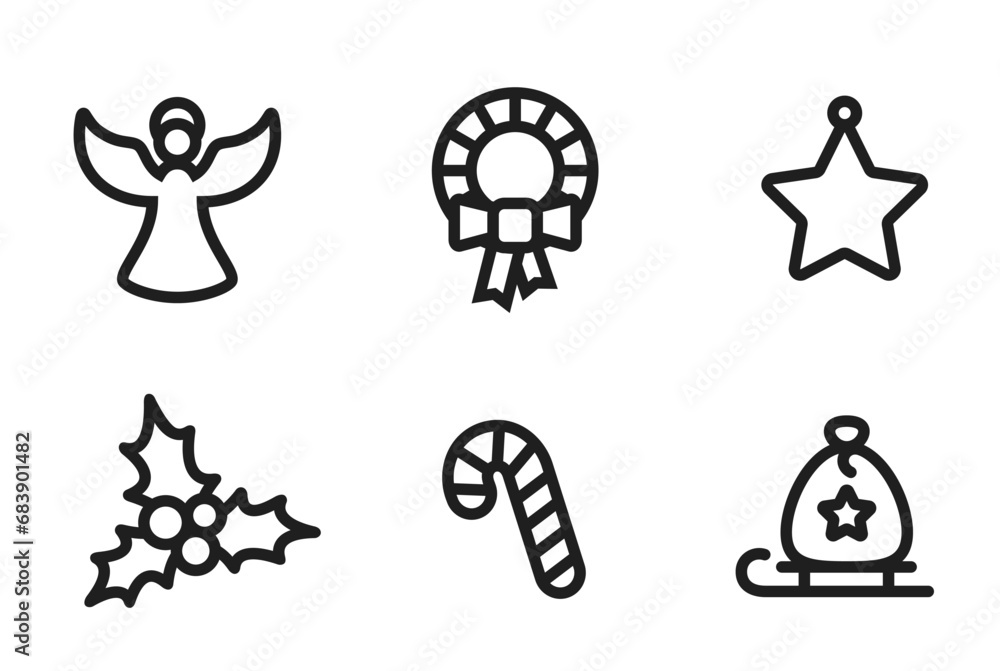 christmas holiday line icon set. angel, star, holly berry, bag with gifts, christmas wreath and candy christmas holiday line icon set. angel, star, holly berry, bag with gifts, christmas wreath and candy