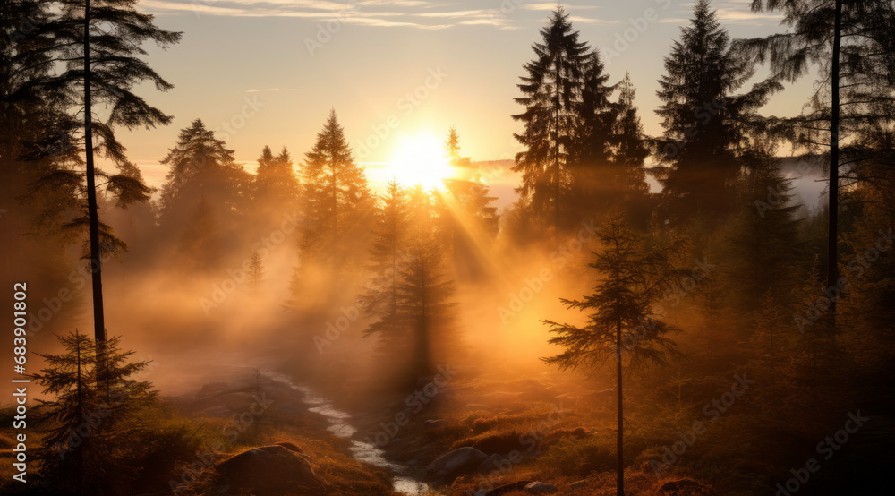 Fototapeta premium Sunrise and mist weave through a pine forest.