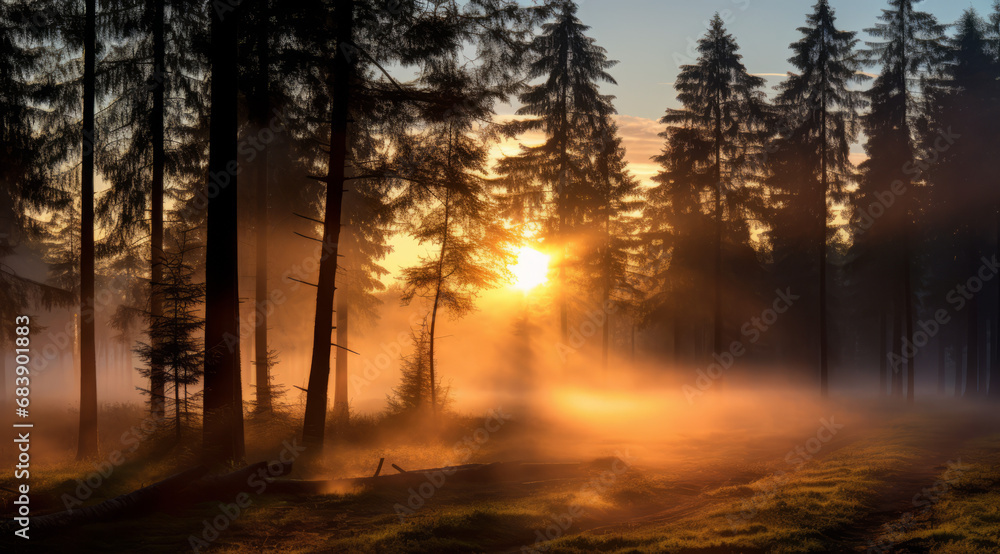 Sunrise and mist weave through a pine forest. Sunrise and mist weave through a pine forest.