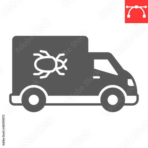 Pest control truck glyph icon, pest and vehicle, exterminator van vector icon, vector graphics, editable stroke solid sign, eps 10.