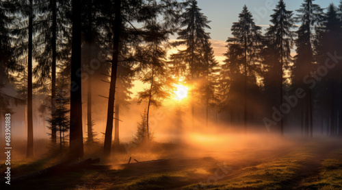 Sunrise and mist weave through a pine forest.