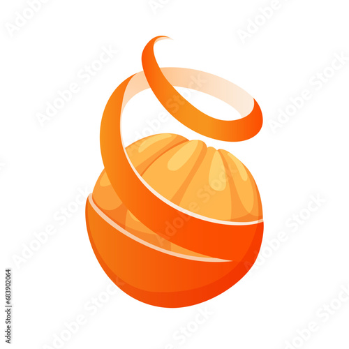 Orange with peel illustration isolated on white background. Peeled fruit, slices. Orange peel. Fresh juice ingredient. Cartoon Vector illustration.