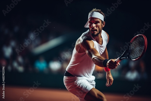 Focused young male tennis player playing a match on hard court. copy space © Mangsaab