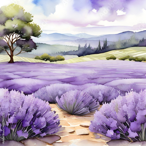 Lavender field watercolor  generative ai