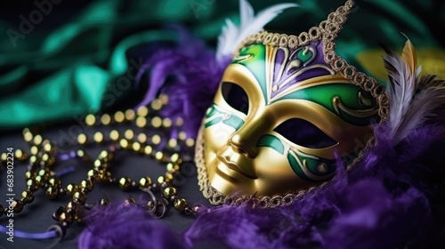 Mardi Gras Venetian masks in golden purple green colors background. Festive colorful Carnival Mardi Gras masquerade mask design for banner, greeting card, prints, poster, party invitation, flyer..