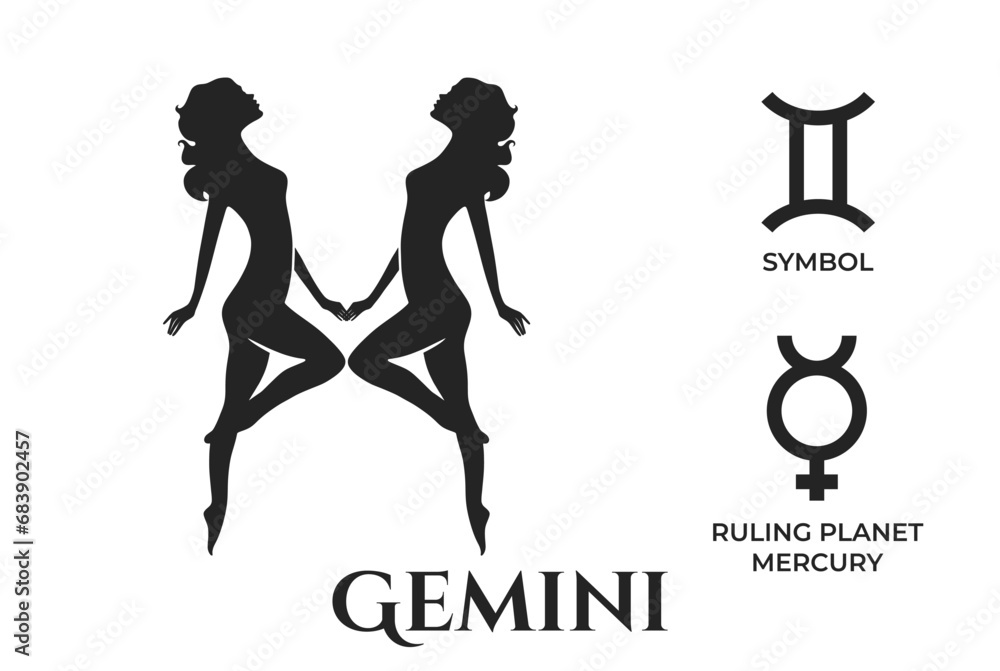 gemini zodiac sign. mercury ruling planet symbol. horoscope and astrology icons - obrazy, fototapety, plakaty 
